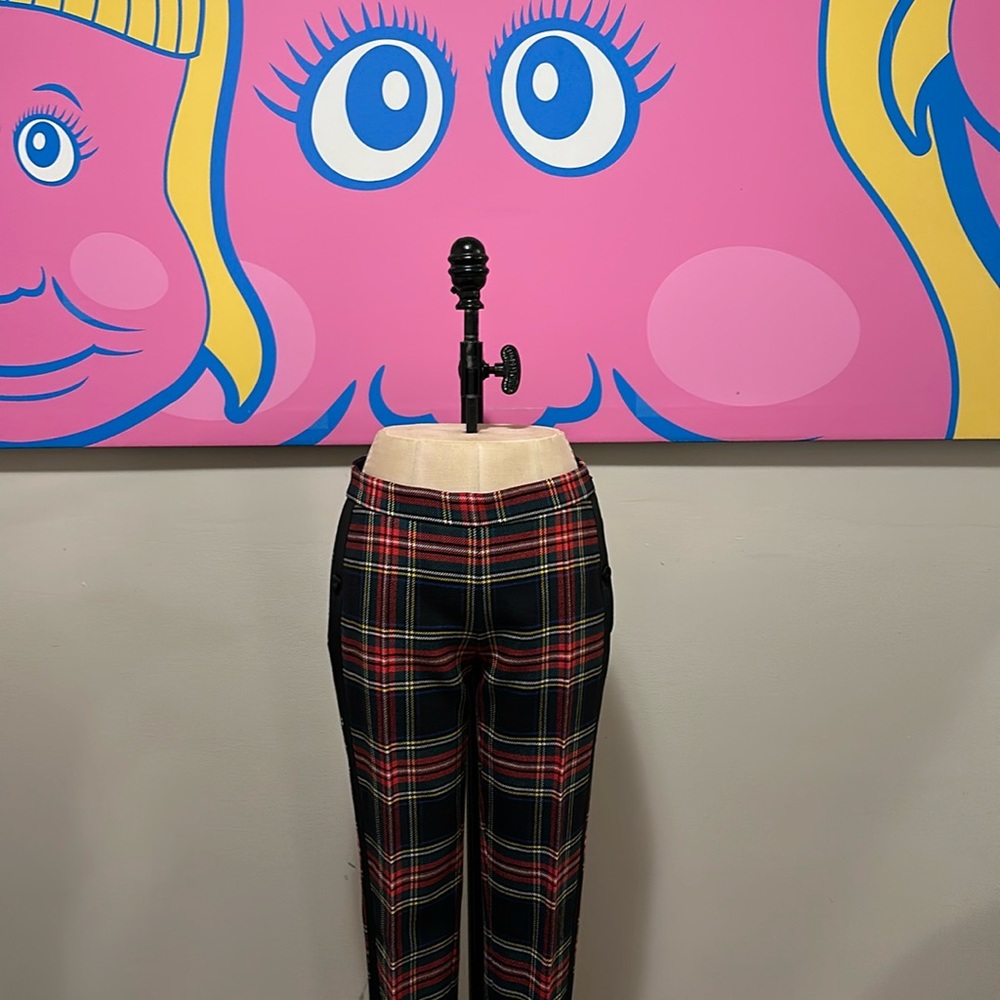 Moschino Red Black Green Wool Tartan Plaid Tuxedo Pants